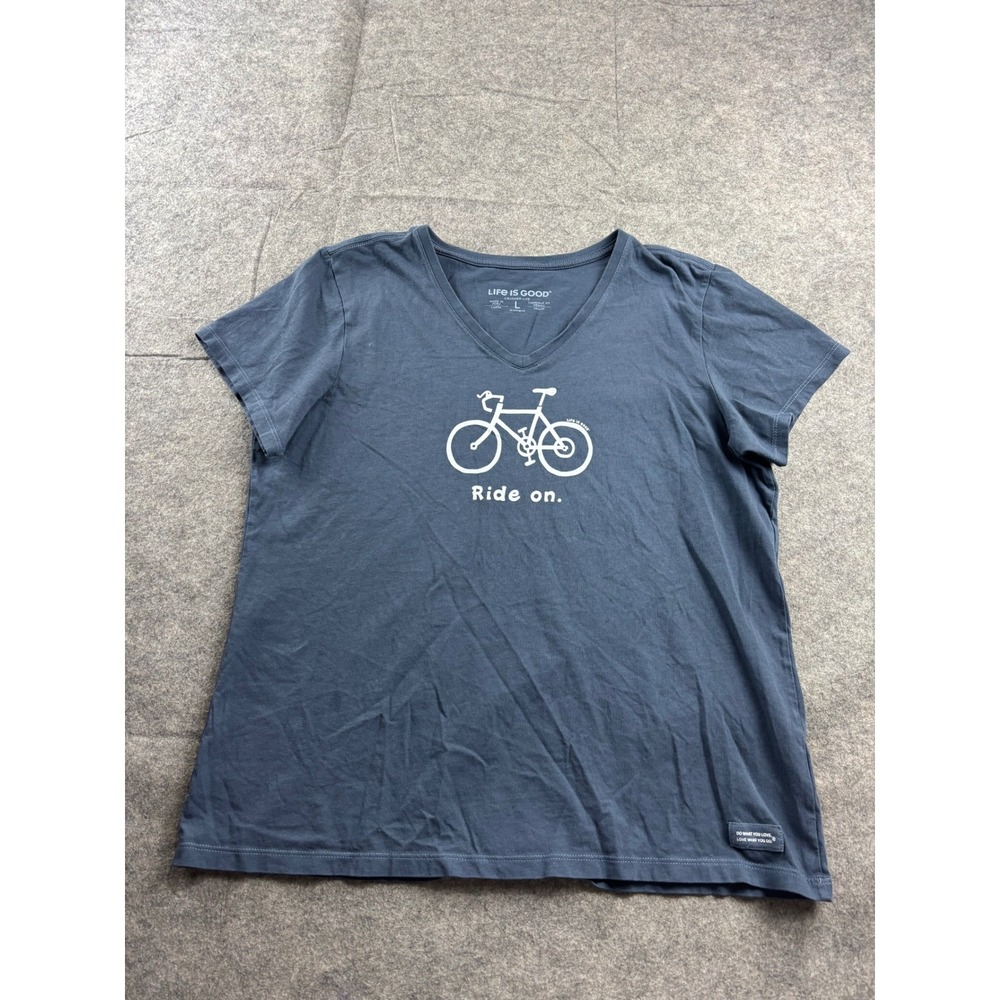 Life is Good Crusher-Lite V-Neck Bicycle Ride On T-Shirt Blue Women L